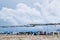 Off peak season beach with empty lounge chairs