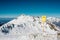 Off-piste sign. Winter mountain landscape. Krasnaya Polyana, Sochi, Russia