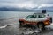 Off road adventure journey at Fagnano Lake by 4x4 car in Argentinian Patagonia