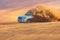 Off-road adventure with SUV in Arabian Desert at sunset. Visit Dubai.