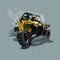 Off-Road ATV Buggy, rides through the mud. Yellow color.