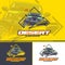 Off-road car logo in three versions on a yellow, dark and white background