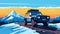 Off-road SUV standing in snow, on winter mountains background. 4x4 adventure vector illustration
