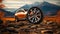 Off road treaded car wheel on top of mountain with beautiful scenery, Ai