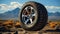 Off road treaded car wheel on top of mountain with beautiful scenery, Ai