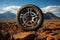 Off road treaded car wheel on top of mountain with beautiful scenery, Ai