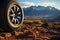 Off road treaded car wheel on top of mountain with beautiful scenery, Ai