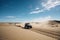 off-road vehicle driving over desert sand dunes, with clear blue skies above