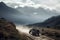 off-road vehicle speeding through scenic mountain range, with peaks in the background