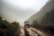 off-roader driving through misty mountain range, with tall peaks in the background