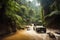 off-roader driving through a tropical jungle, with waterfalls in the background