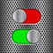 On and Off round slider buttons. Red and green metal switch interface buttons on perforated background