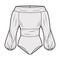 Off-the-shoulder bodysuit technical fashion illustration with long romantic blouson sleeves, back zip fastening