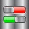 On and Off square slider buttons. Red and green metal switch interface buttons on iron background