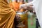 Offer food to monk. Groom give alms food to a Buddhist monk in traditional thai wedding ceremony. Hand while put food offerings in