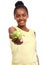 Offer, health and portrait of girl and apple in studio for nutrition, wellness and diet. Food, self care and vitamin c