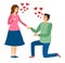 An offer of marriage. Man proposes a woman to marry him and gives an engagement ring. Couple in love. Vector