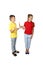 Offer and rejection gesture - teenage boy and girl stand in full