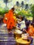 Offering alms to monks in the morning Illustrations creates an impressionist style of painting