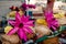 Offerings: pink lotus, yellow flowers