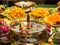 Offerings to gods with burning incense aroma sticks , flowers an