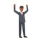 Office African American Man Character in Suit and Red Tie Standing and Cheering with Raised Hands Celebrating Success