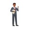 Office African American Man Character in Suit and Red Tie Standing with Paper Document and Thinking Vector Illustration