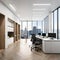 An office atrium with glass walls and a lush indoor garden.