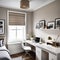 an office bedroom featuring a single bed with a headboard, a small window adorned with a Roman blind, a desk, and storage, all