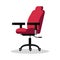 Office bright red chair with casters. Desk height adjustable armchair. Side view.