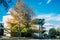 Office Building with autumn landscape, yellow trees