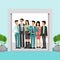 Office business people command in suits stand inside elevator with open doors vector illustration. Office tour for