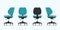 Office chair or desk chair in various points of view. Armchair or stool in front, back, side view.