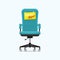 Office chair and a sign vacant with VACANCY URGENT message in front view. Business hiring and recruiting concept. Blue chair.