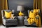 office of a child psychologist. A teddy bear in grey armchair with yellow cushions, cozy interior