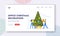 Office Christmas Decoration Landing Page Template. Happy People Decorating Christmas Tree Put Balls on Branch and Gifts