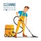 Office Cleaner Vector. Work Wiping, Dusting, Vacuuming Floor Carpets.