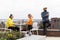 Office coffee break, people group conversation, open space on roof