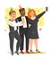 Office corporate holiday party, three happy colleagues, vector illustration
