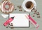 Office designer desk top view Vector realistic. Coffee, notebook, marker and donut. Detailed 3d illustration templates