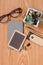 Office desk agenda with glasses in a wooden background  