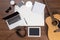Office desk background acoustic guitar and headphones recording