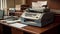 Office desk holds antique typewriter, computer monitor generated by AI