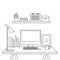 Office desk line art drawing vector. Doodle desk with a computer and office accessories in workplace illustration.