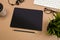 Office desk table with  tablet  keyboard headphones coffee and glasses Mock up template . Top view