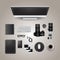 Office and digital supplies on white background