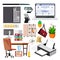 Office Equipment Set Vector. Computer, Laptop, Monitor. Icons. Business Workspace. Hardware And Gadgets. Elements