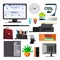 Office Equipment Set Vector. Keyboard, Electronics Digital Items. Icons. Business Work Flow. Paper And Desktop Objects