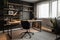 office with ergonomic chair, desk, and lighting for productive workspace