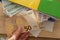 office folders close-up, 100, 50, 500 euro banknotes, concept of filling out tax return, paying taxes, Corporate business income,